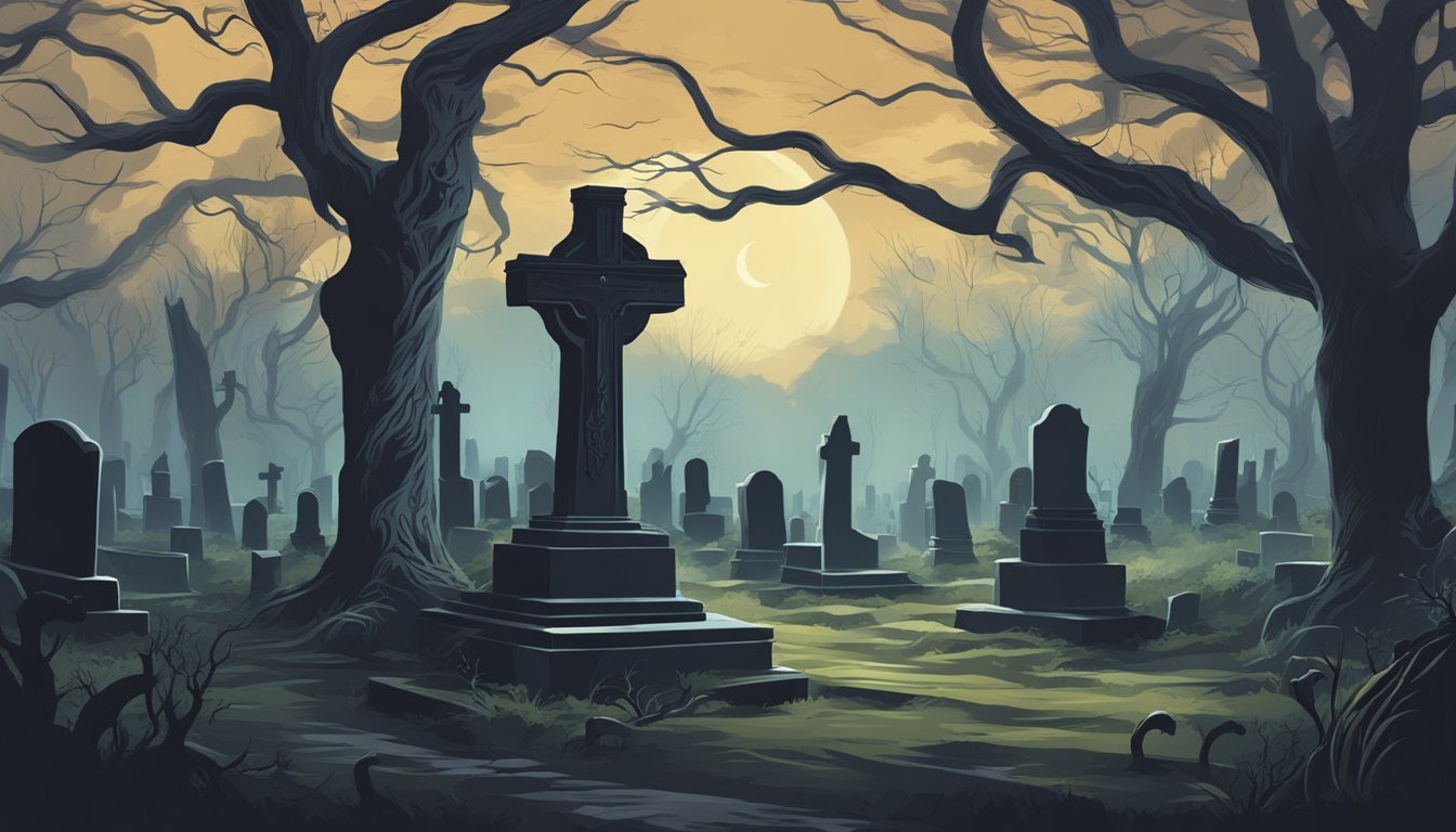 A dark, eerie graveyard with an ominous atmosphere, overgrown with twisted trees and gravestones, hinting at the supernatural