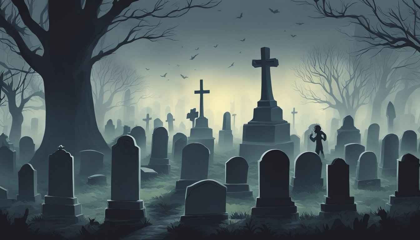 A dark, misty graveyard plot with eerie, shadowy figures lurking among the tombstones