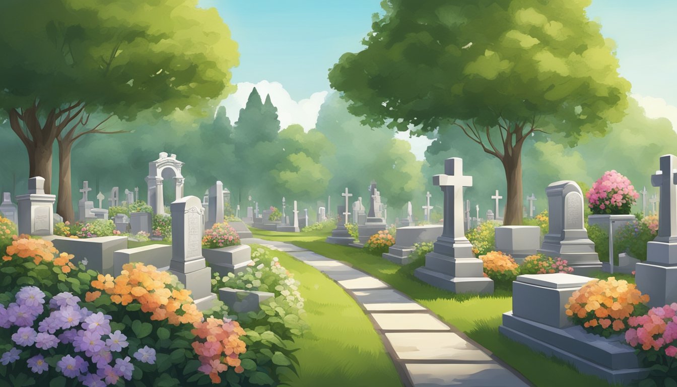 A serene cemetery with rows of burial plots, some adorned with flowers and headstones, surrounded by lush greenery and peaceful atmosphere