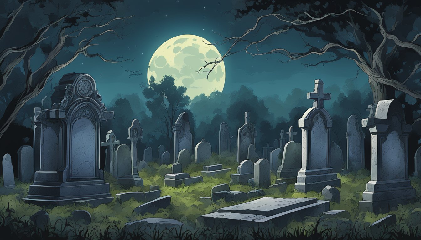 A moonlit graveyard with overgrown vines and crumbling headstones