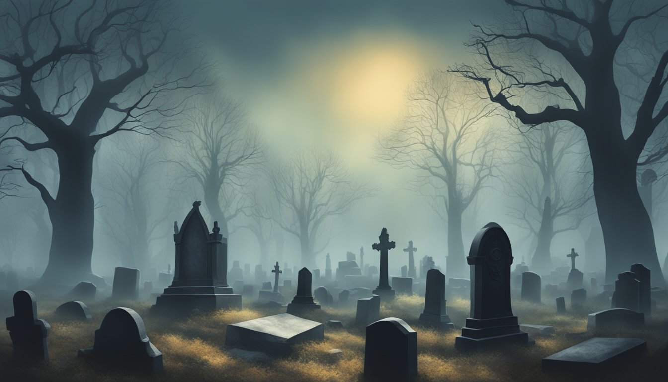 A misty graveyard with ancient tombstones surrounded by eerie trees, evoking a sense of dread and foreboding