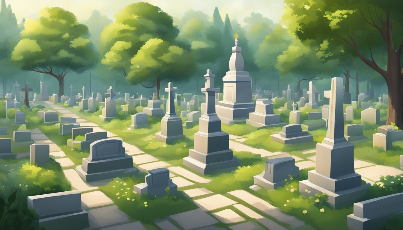 A serene cemetery with neatly arranged grave plots, surrounded by lush greenery and peaceful surroundings