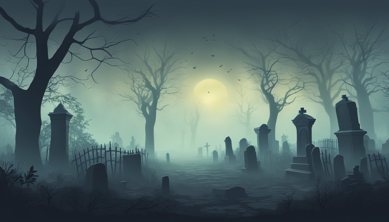 A dark, eerie graveyard with twisted, overgrown trees and ominous fog