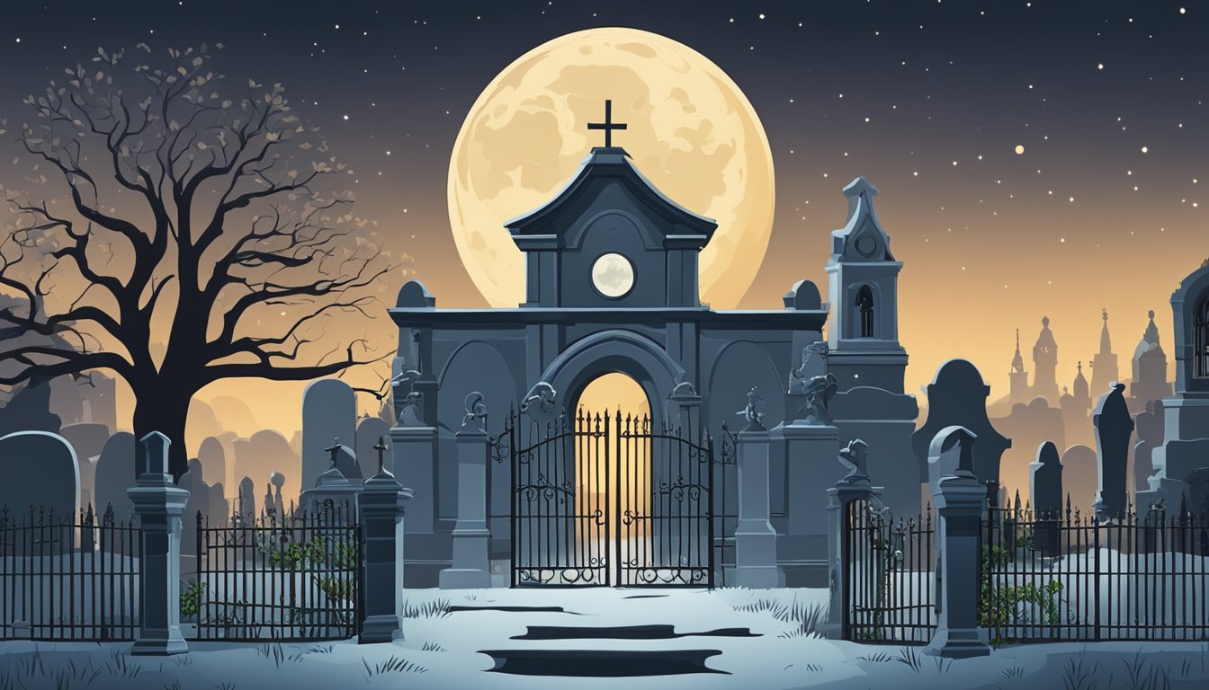 A moonlit graveyard with a lone tree, gravestones, and a wrought iron gate