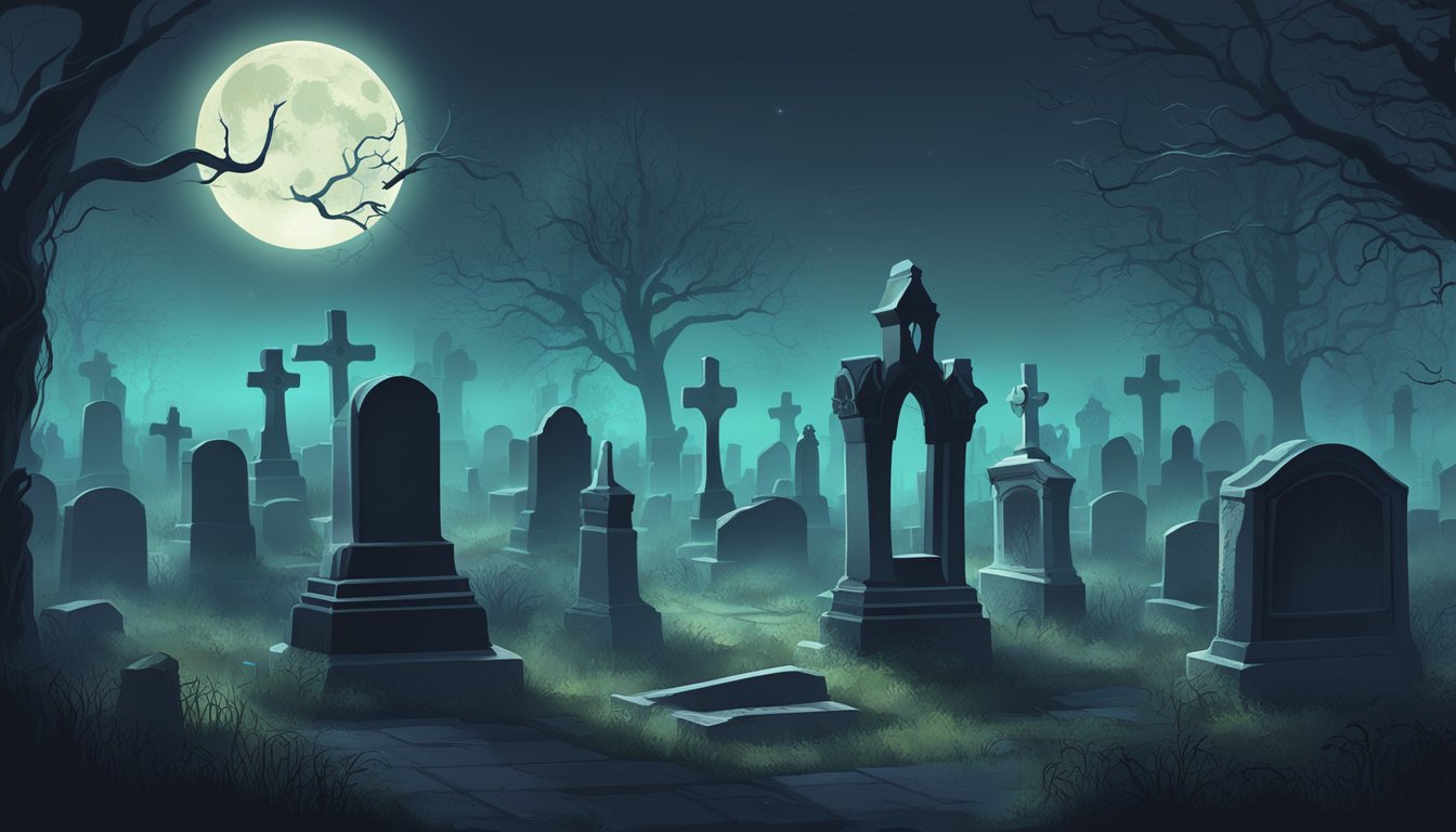 A moonlit graveyard with overgrown tombstones and eerie mist