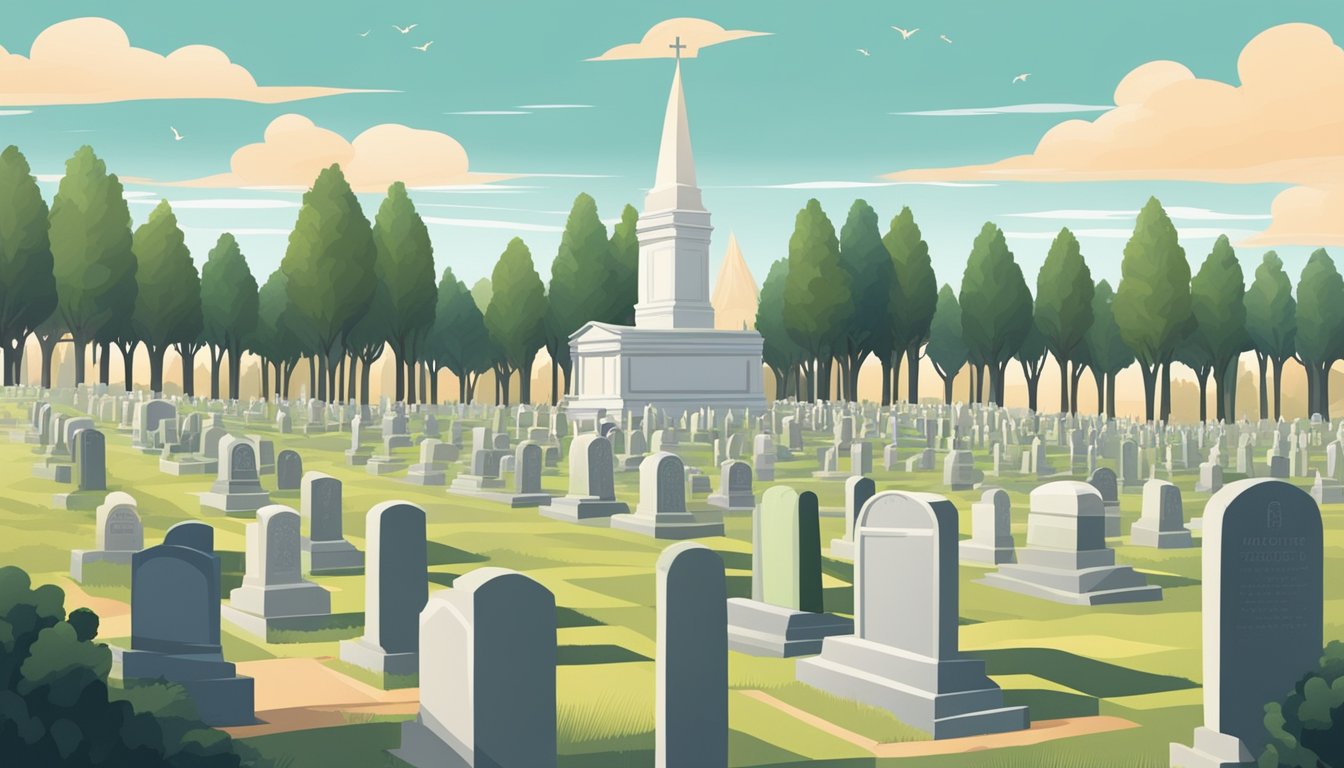 A serene cemetery with rows of gravestones and markers, surrounded by tall monuments