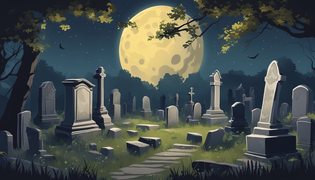 A moonlit graveyard with ancient tombstones and overgrown foliage