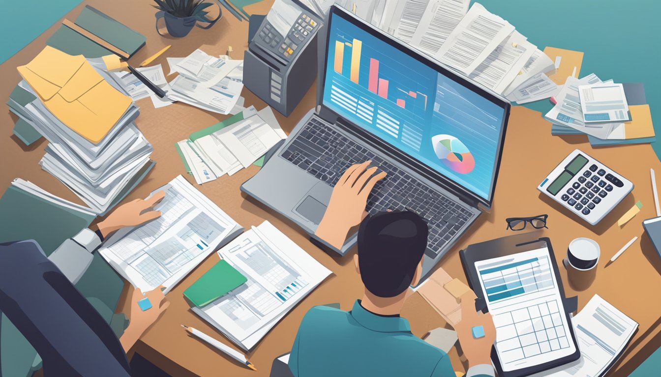 A person sitting at a desk with a calculator, paperwork, and a computer, surrounded by financial documents and graphs