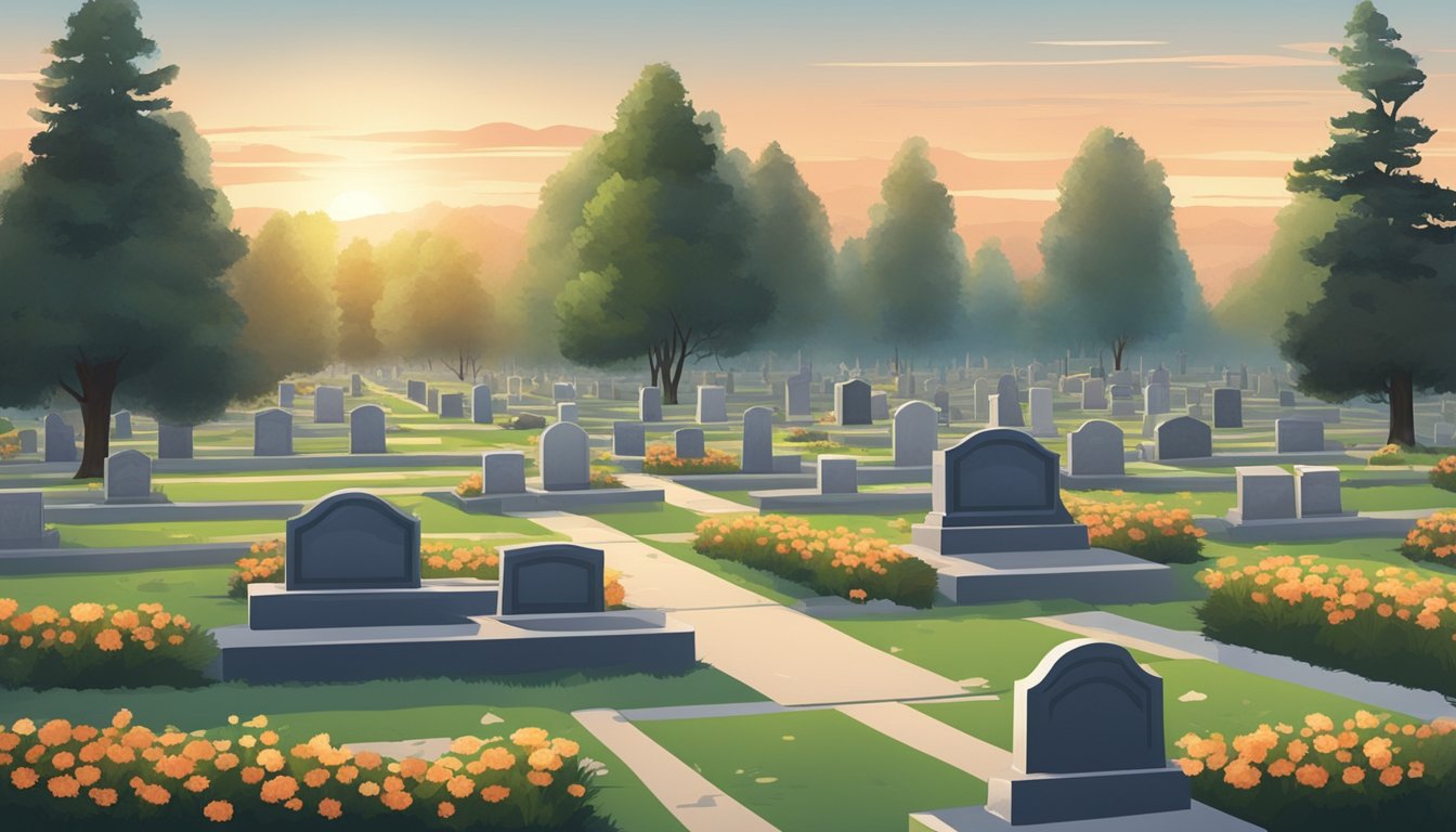 A serene cemetery with rows of grave plots and a peaceful atmosphere