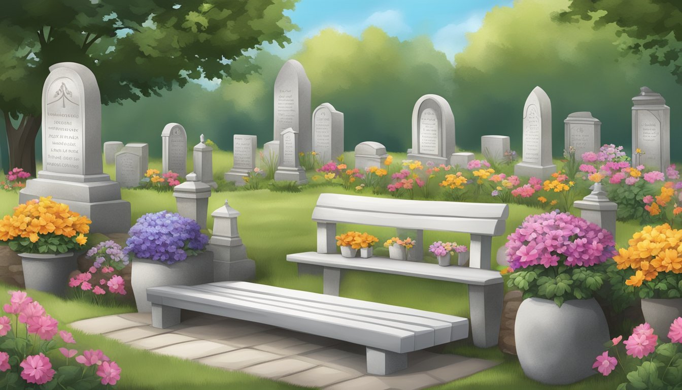 A serene cemetery plot with colorful flowers, decorative lanterns, and personalized memorial stones arranged around a peaceful bench