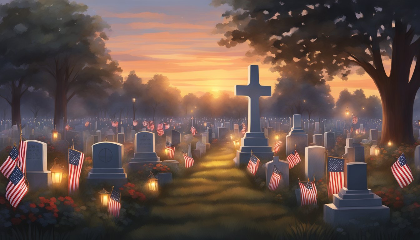 Sunset casts warm light on a cemetery plot adorned with patriotic flags and glowing lanterns