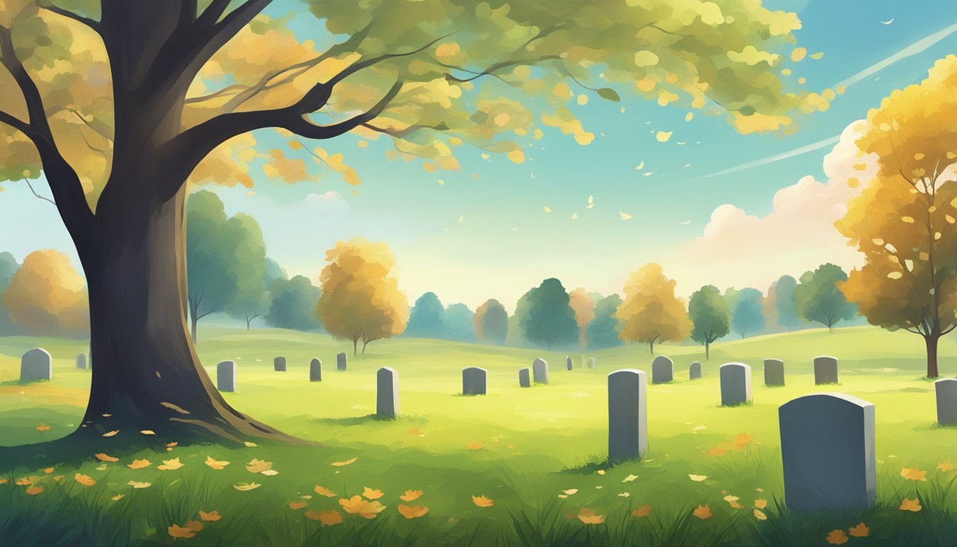 A serene, tree-lined meadow with scattered headstones and a peaceful atmosphere. A gentle breeze rustles the leaves, creating a sense of tranquility