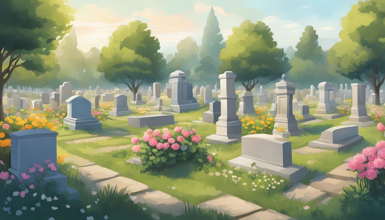 A serene cemetery with neatly arranged plots, some adorned with flowers and memorials, others overgrown and neglected. A caretaker tends to the grounds, ensuring each plot is properly maintained