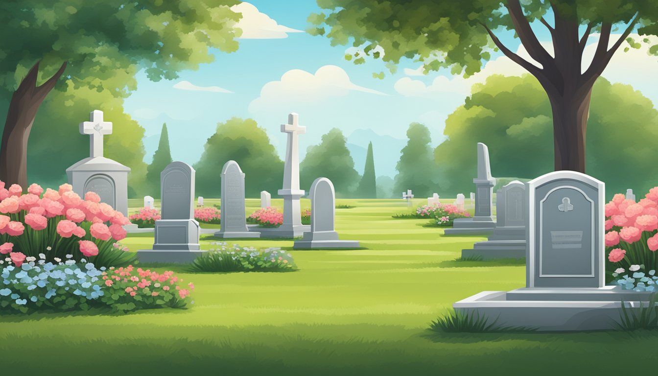 A serene cemetery plot with neatly trimmed grass, fresh flowers, and a well-maintained headstone