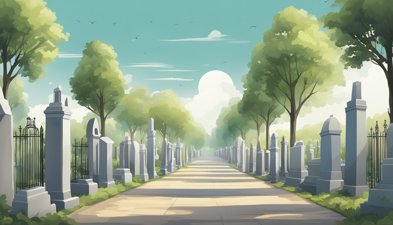 A serene cemetery with rows of plots and trees