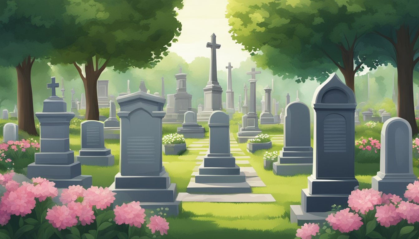 A serene cemetery with rows of gravestones and monuments, surrounded by lush greenery and flowers