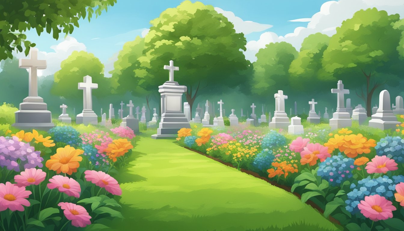 A serene cemetery with rows of burial plots surrounded by lush green grass and colorful flowers, with a peaceful atmosphere