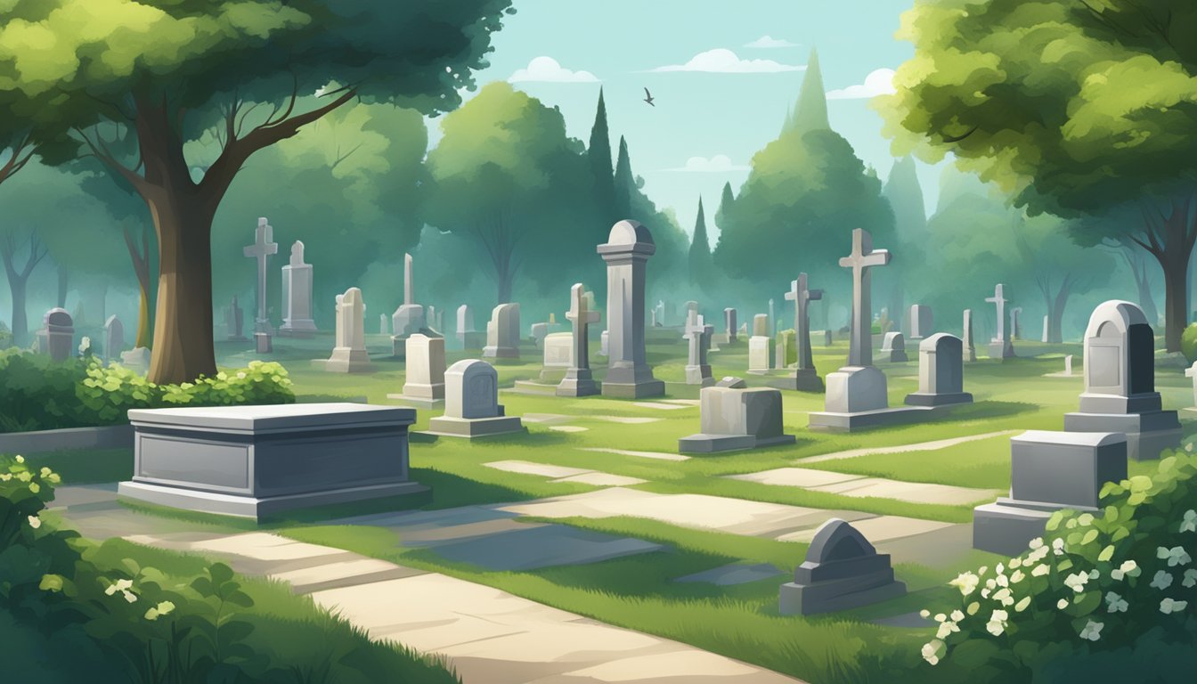 A serene cemetery with various alternative burial options, surrounded by lush greenery and peaceful atmosphere