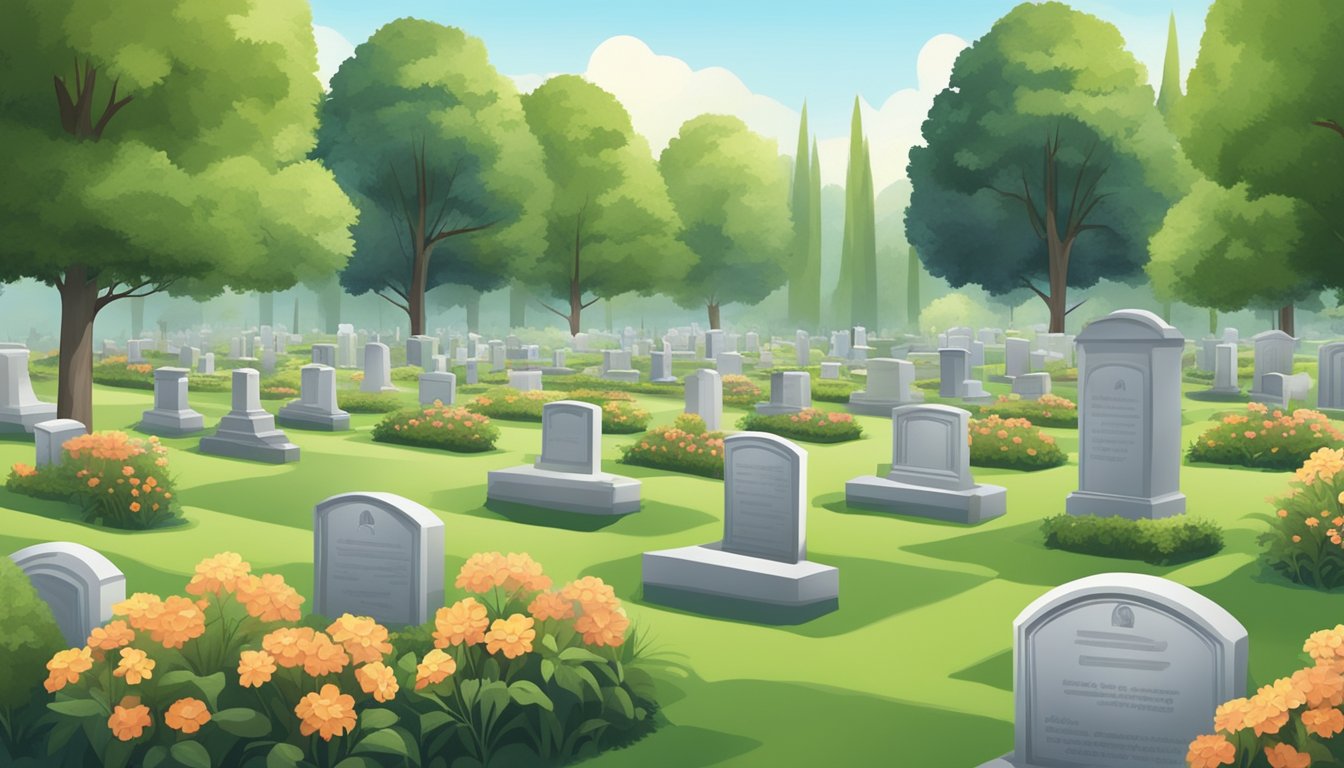 A serene cemetery with rows of grave plots, surrounded by well-maintained landscaping and peaceful surroundings