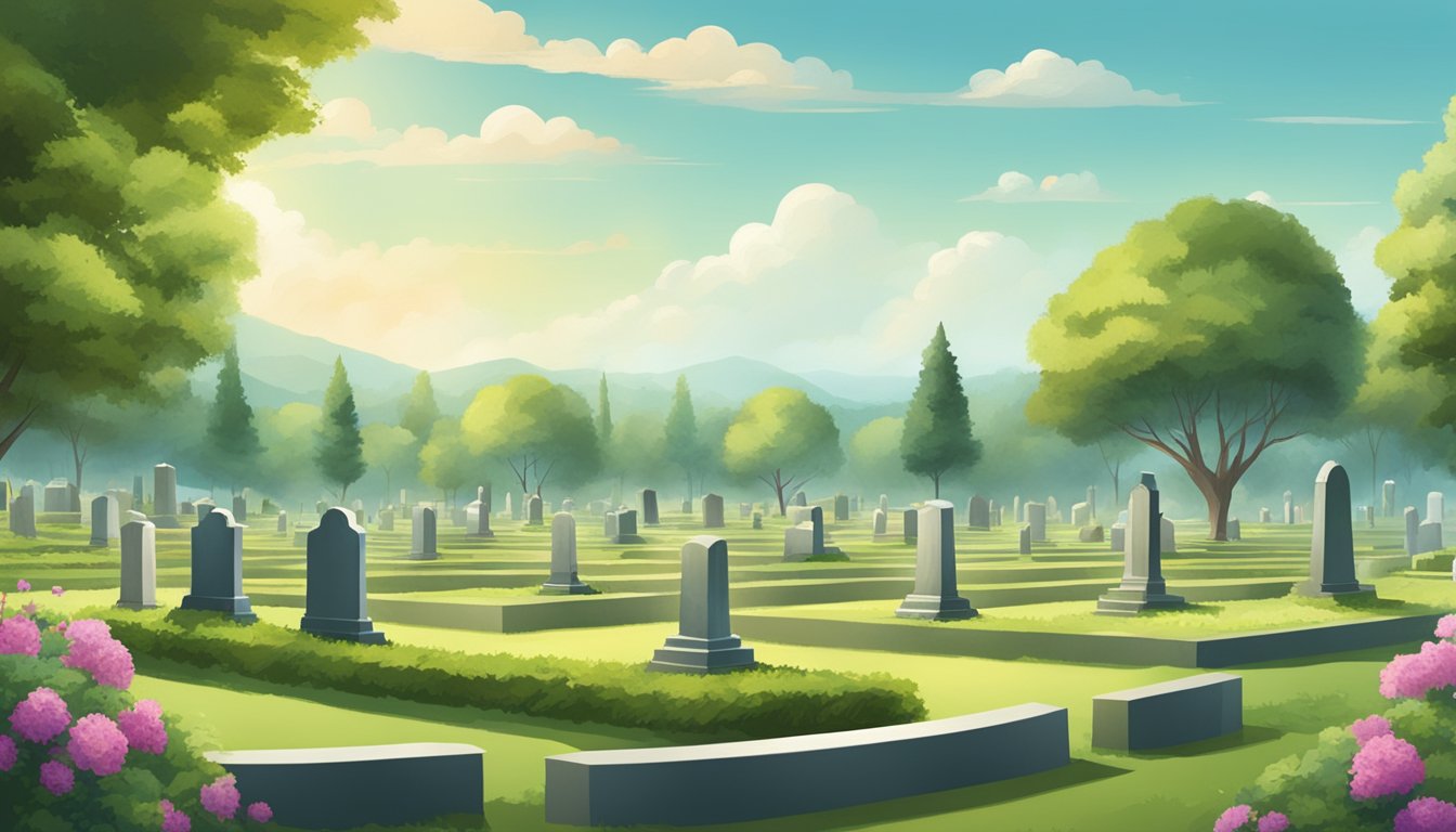 A serene cemetery with rows of grave plots surrounded by lush greenery and peaceful surroundings