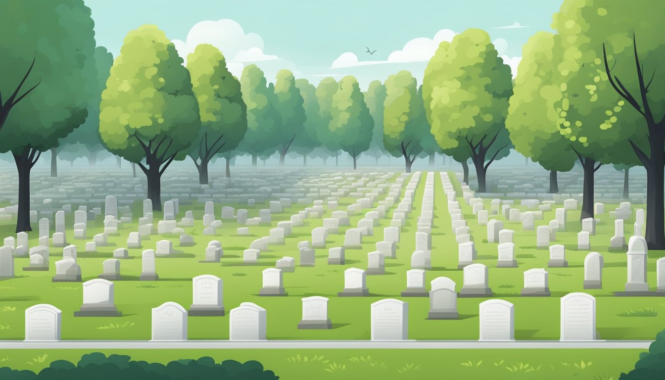 A serene cemetery with rows of neatly manicured grave plots, marked with simple headstones and surrounded by peaceful greenery