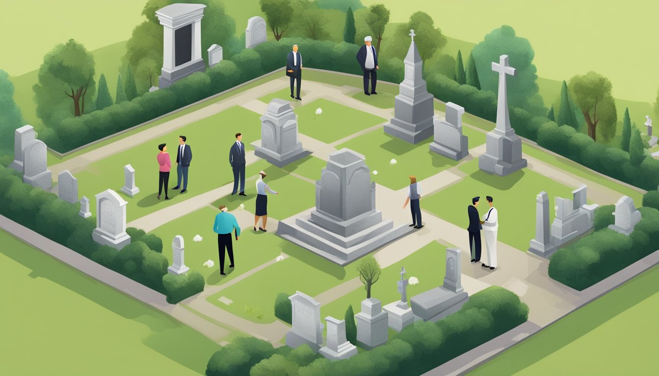 A group of cemetery plot brokers meet with clients, discussing options and pointing to various available plots in a serene, well-maintained cemetery