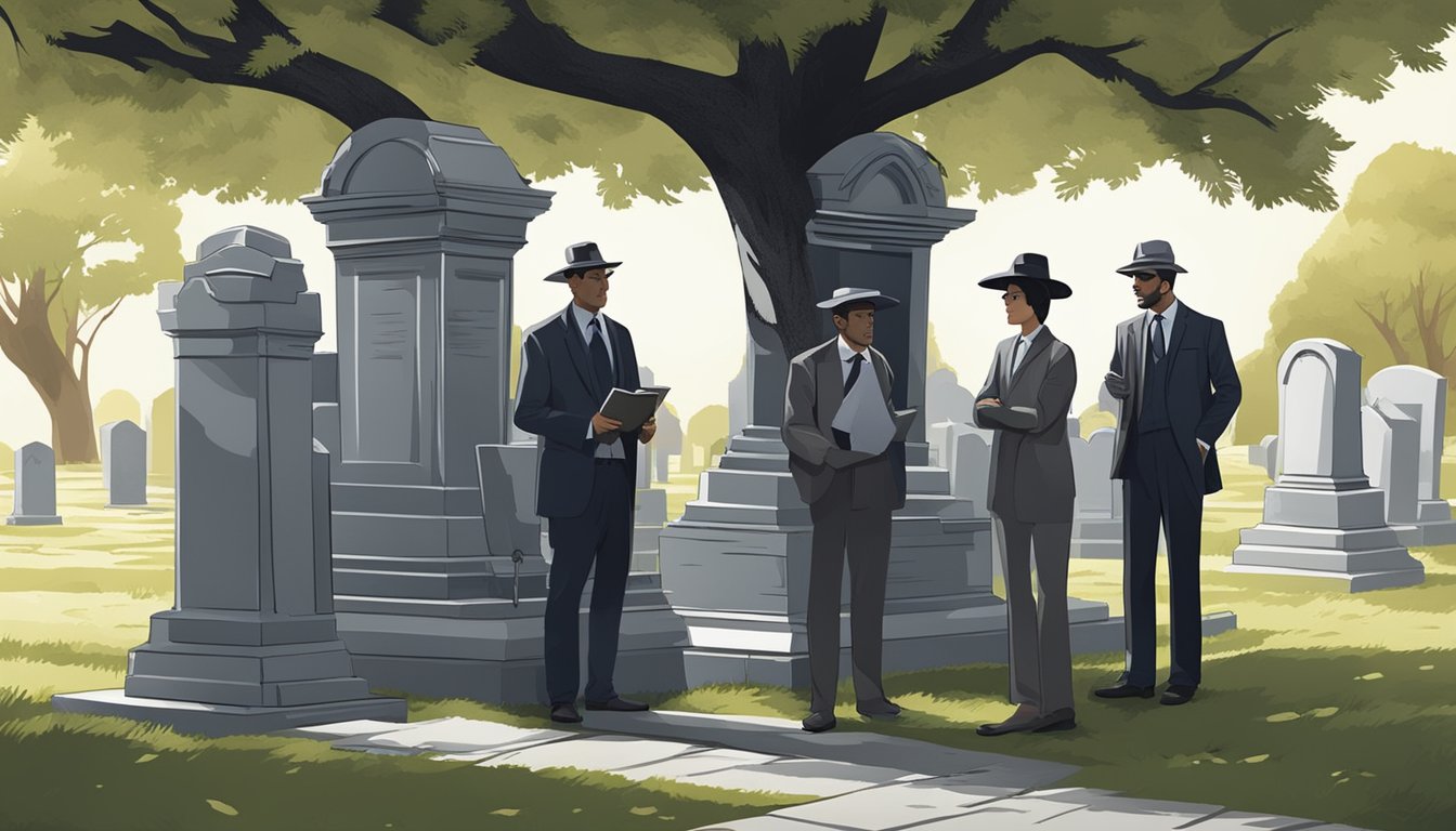 A group of cemetery plot brokers negotiate under a shady tree, surrounded by gravestones and mausoleums