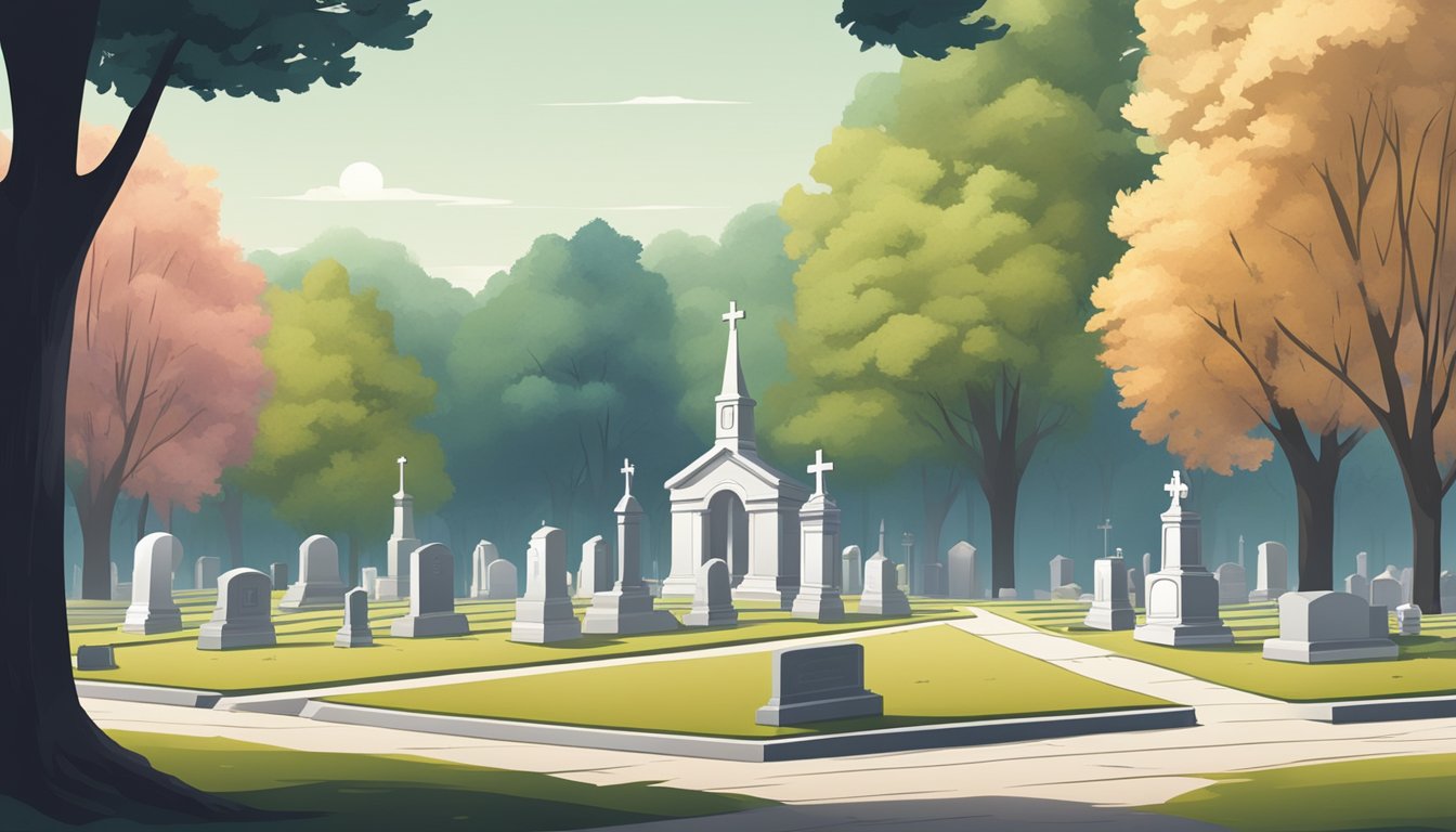 A serene cemetery with rows of plots, shaded by tall trees. A broker's office stands nearby, with a sign displaying available plots