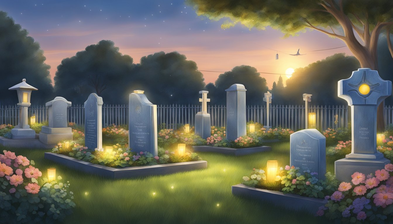 A peaceful cemetery plot adorned with solar-powered lights, wind chimes, and biodegradable planters