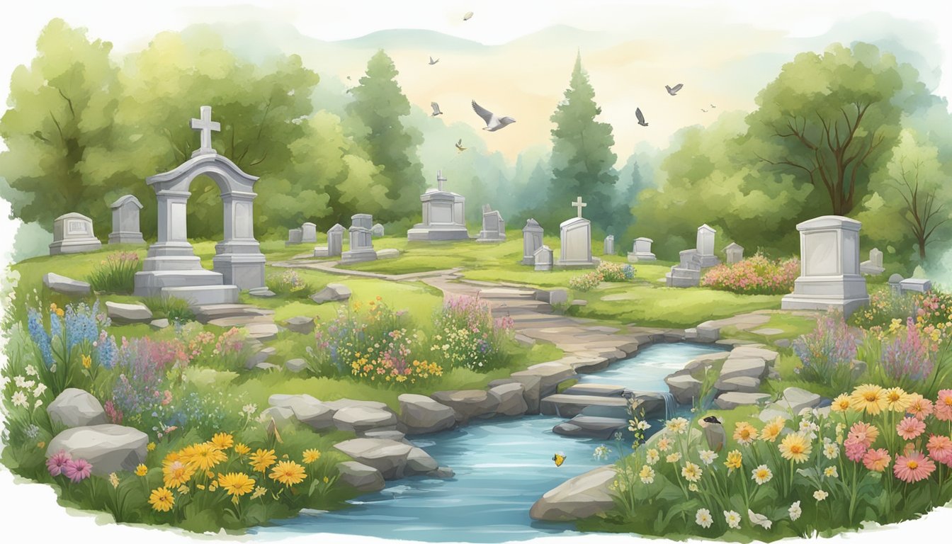 A serene cemetery plot with wildflowers, a winding stream, and a variety of wildlife, including birds, butterflies, and small animals