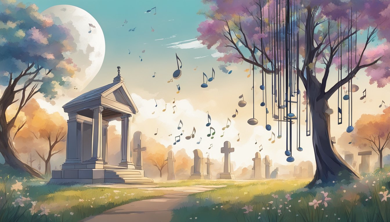 Wind chimes hang from a tree, gently swaying in the breeze. Music notes float through the air, surrounding a serene cemetery plot