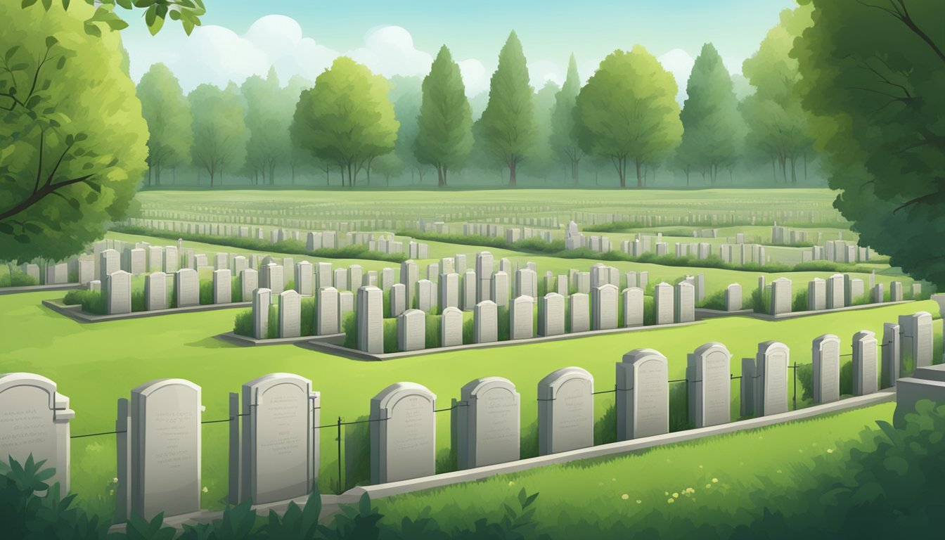 A serene cemetery with rows of empty burial plots, surrounded by lush greenery and peaceful surroundings