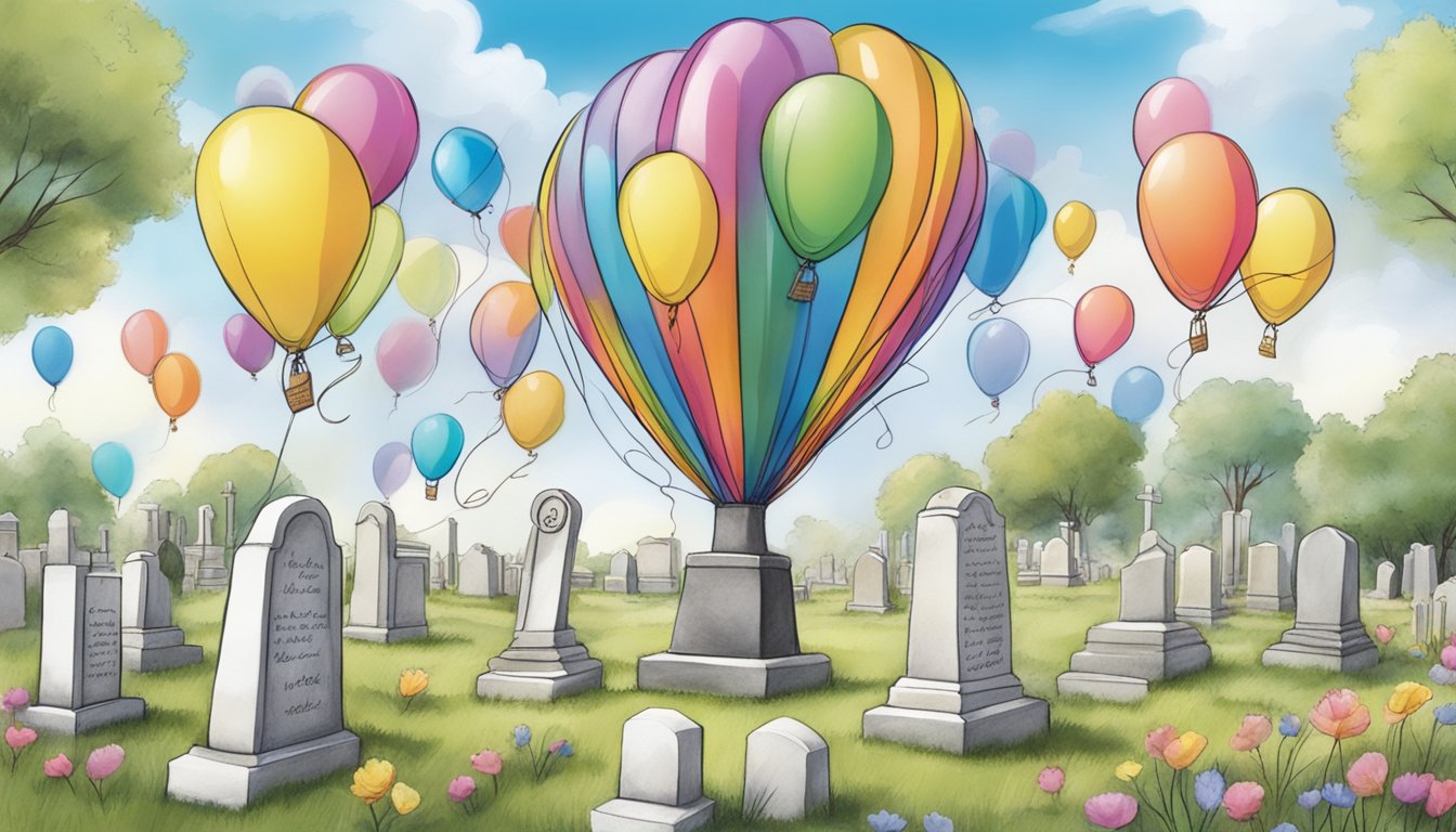 Colorful balloons and hand-written poems adorn a peaceful cemetery plot, offering a heartfelt tribute to the departed