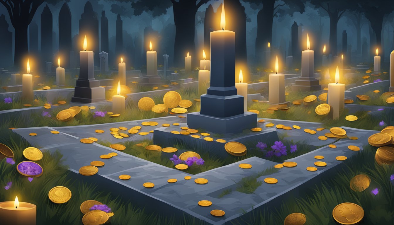 A candle-lit cemetery plot with coins scattered among grave decorations