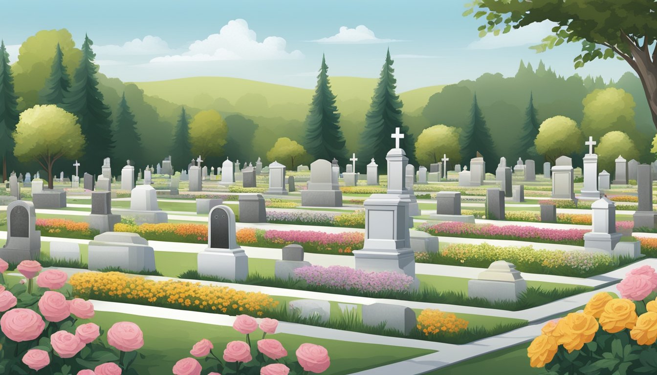 A serene cemetery landscape with rows of burial plots, each adorned with personalized memorials and flowers