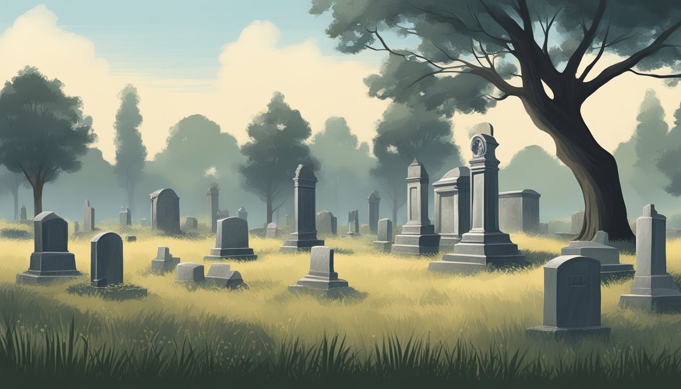 A serene cemetery with weathered grave plot markers surrounded by tall grass and aging trees