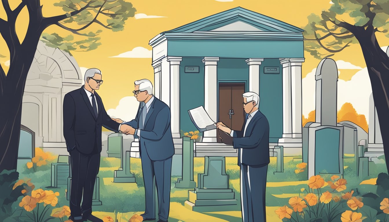 A lawyer handing over a deed transfer form to a client in a cemetery