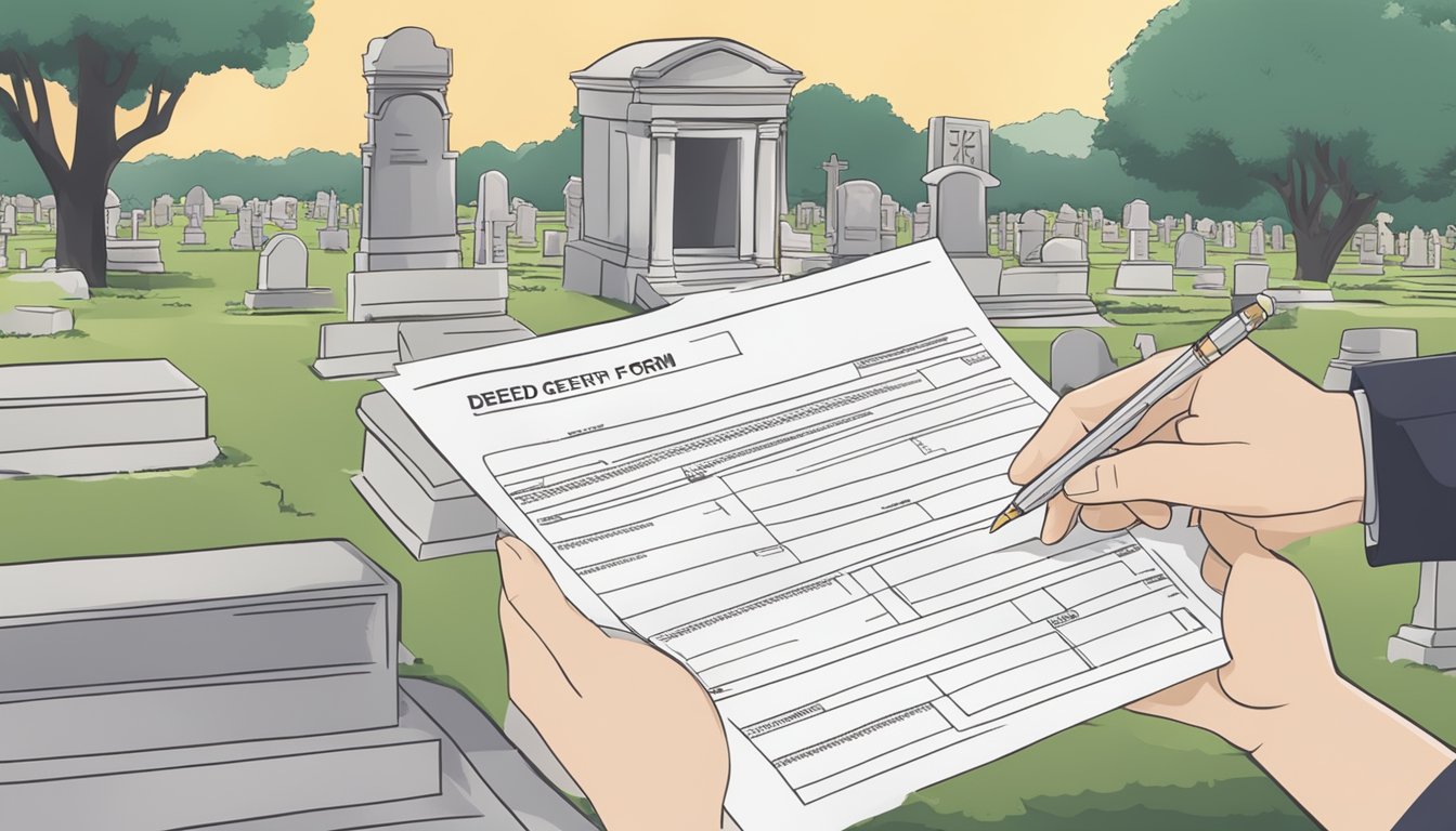 A hand holding a cemetery plot deed transfer form, with a pen ready to sign, set against a backdrop of a peaceful and solemn cemetery