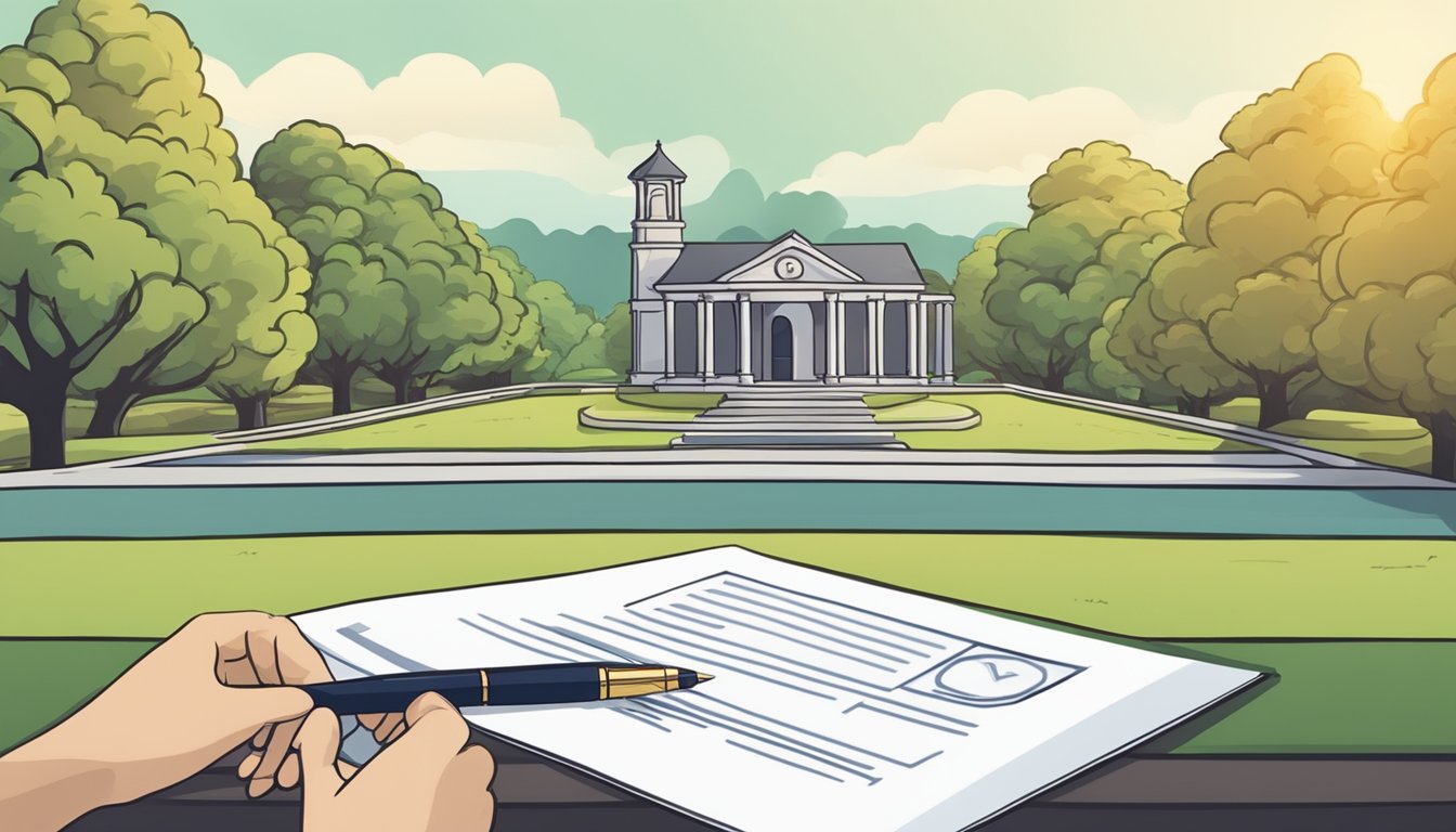 A hand holding a cemetery plot deed transfer form, with a pen poised to sign, against a backdrop of a serene and well-maintained cemetery