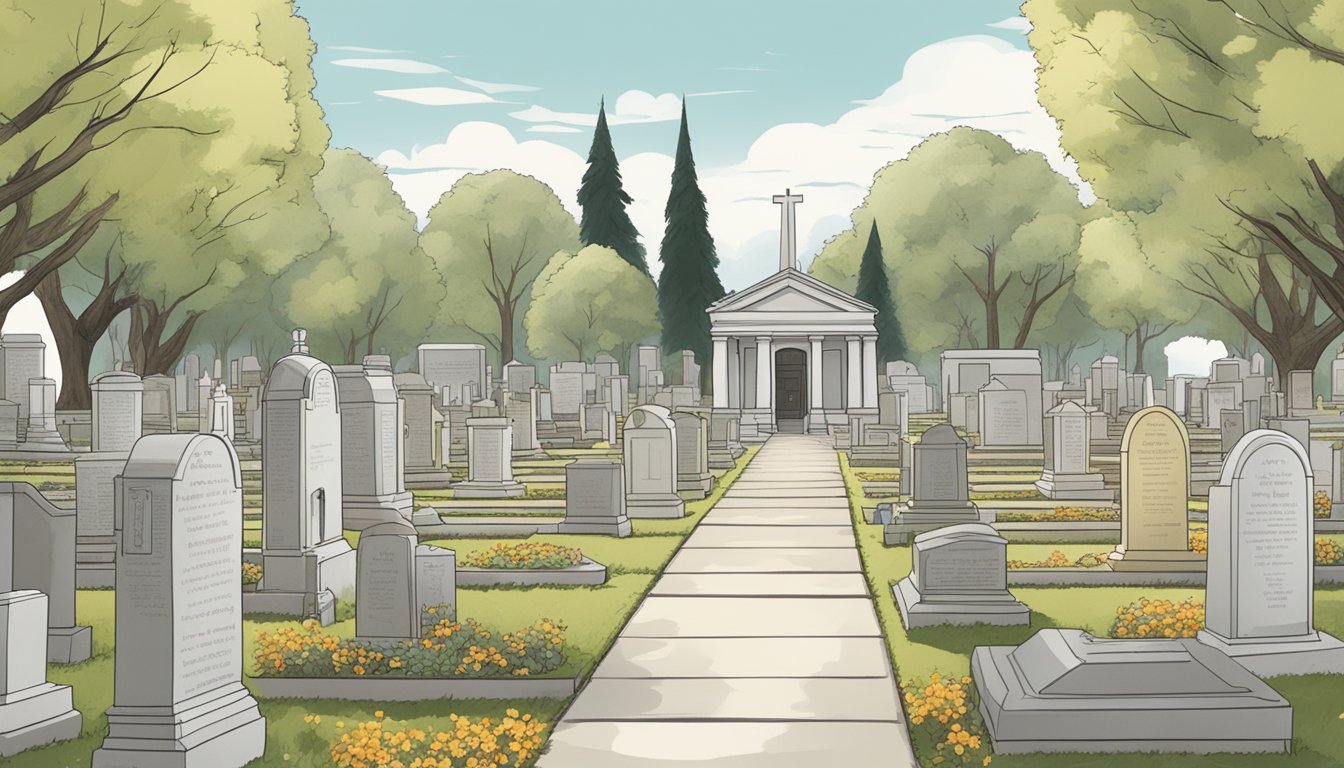 A serene cemetery with rows of burial plots and a person filling out a deed transfer form