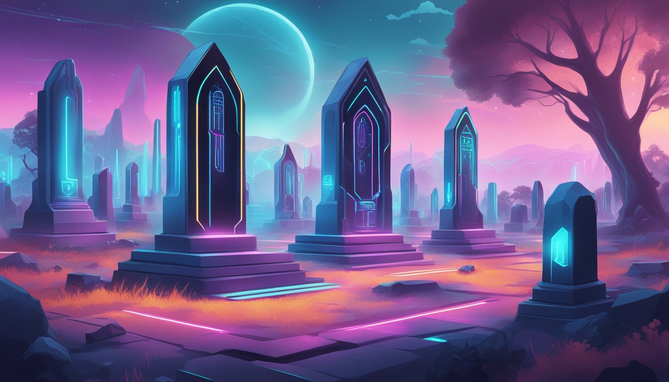 A futuristic graveyard with sleek, glowing markers and holographic displays