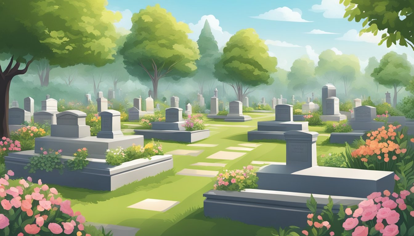 A serene cemetery with neatly arranged burial plots surrounded by lush greenery and adorned with flowers and memorials