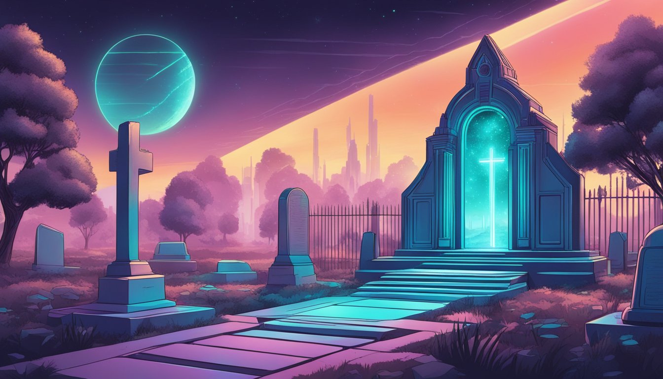 A futuristic cemetery with glowing, holographic markers