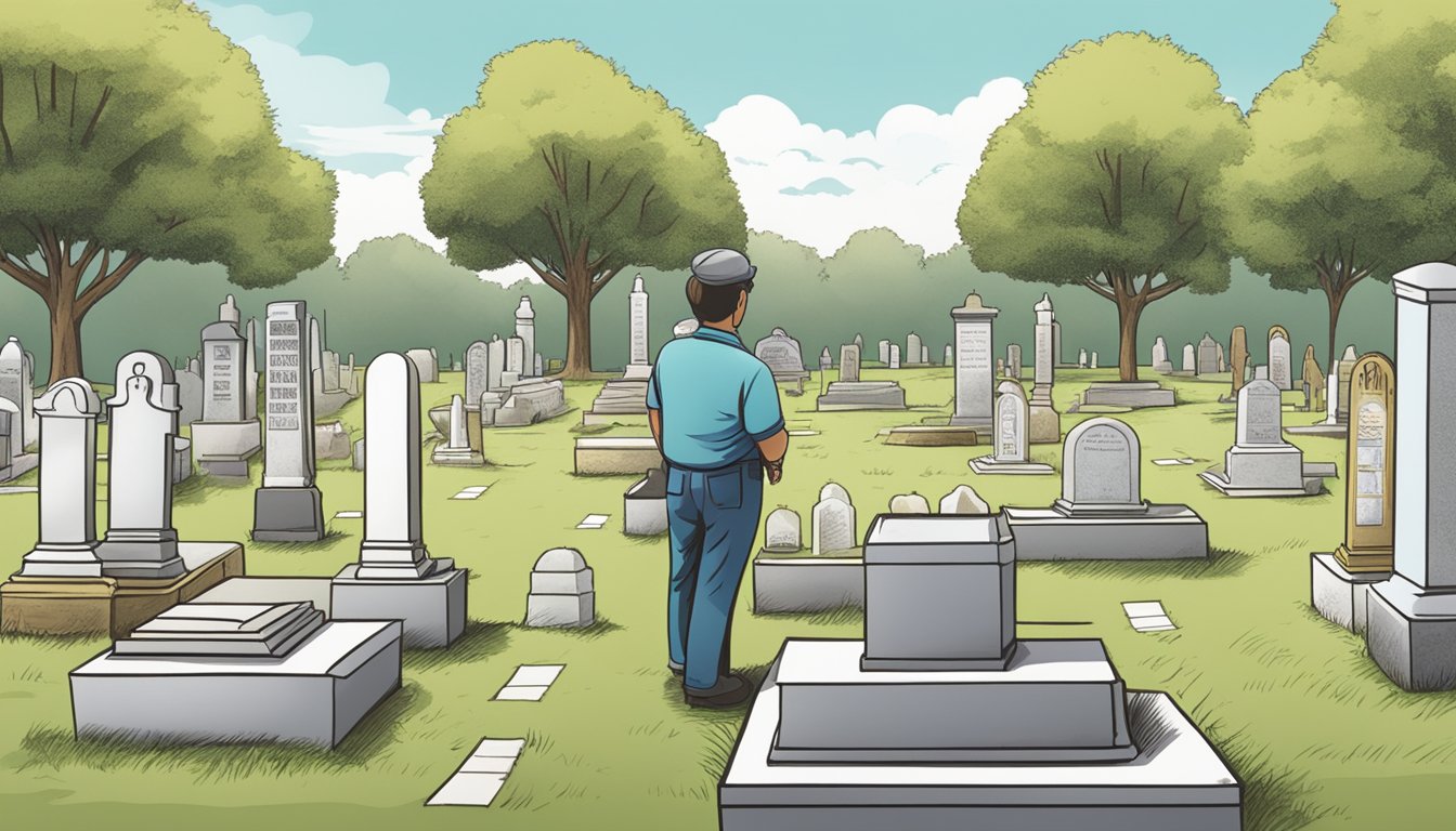 A person standing in a cemetery, selecting and purchasing burial plot markers from a vendor's display