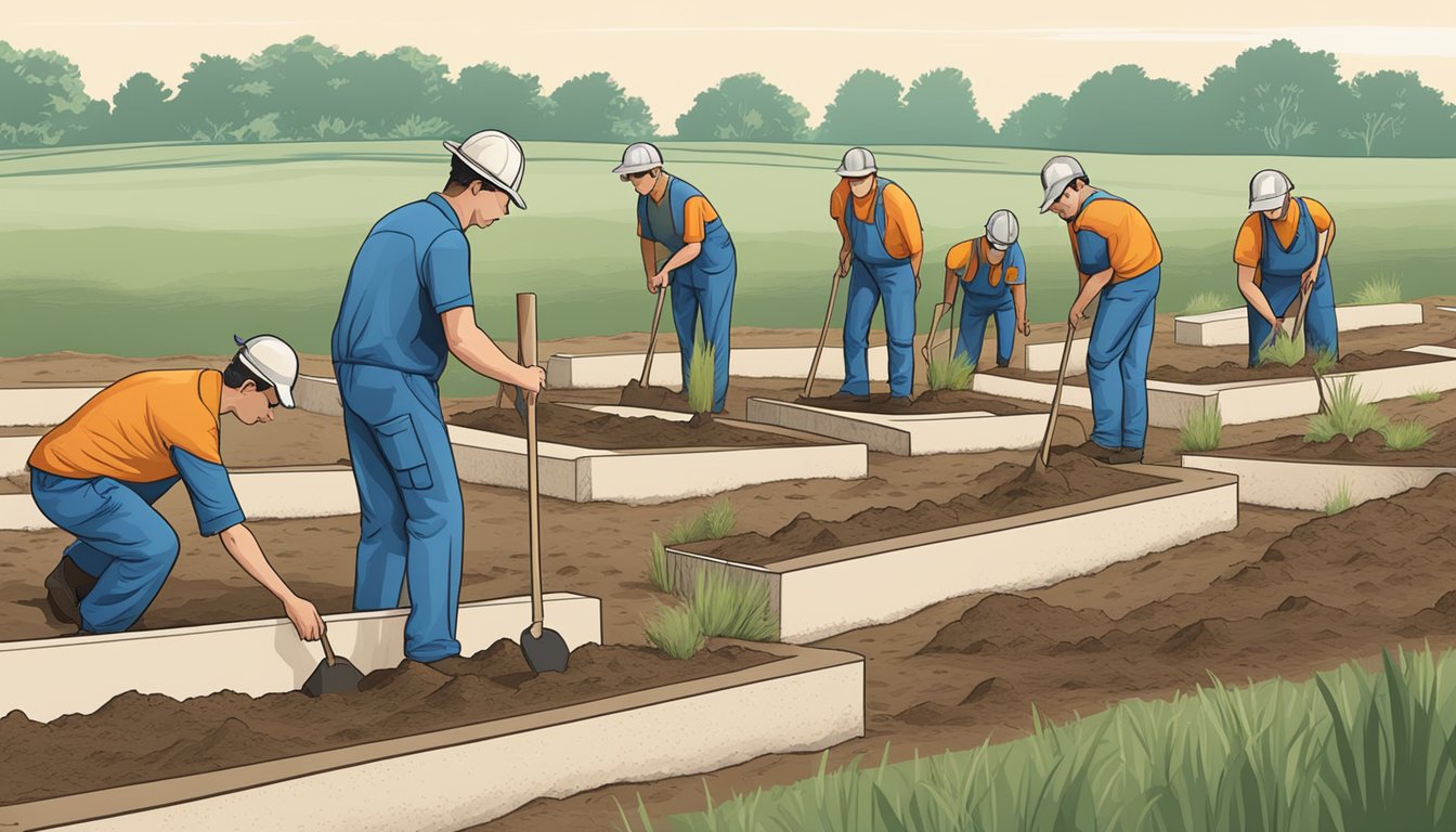 A group of workers carefully place burial plot markers in a neat row, while others dig holes for installation