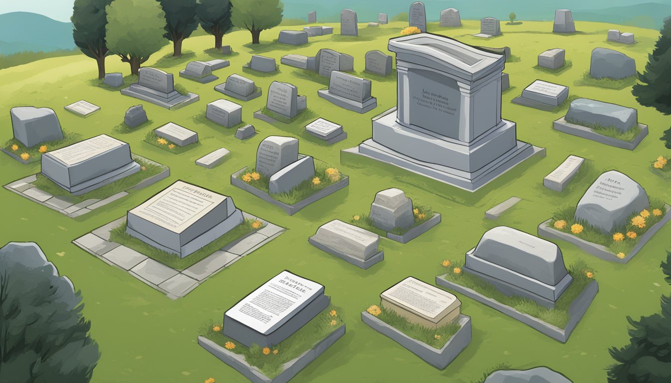 A serene virtual landscape with digital tombstones and obituary listings displayed on a cemetery plot finder