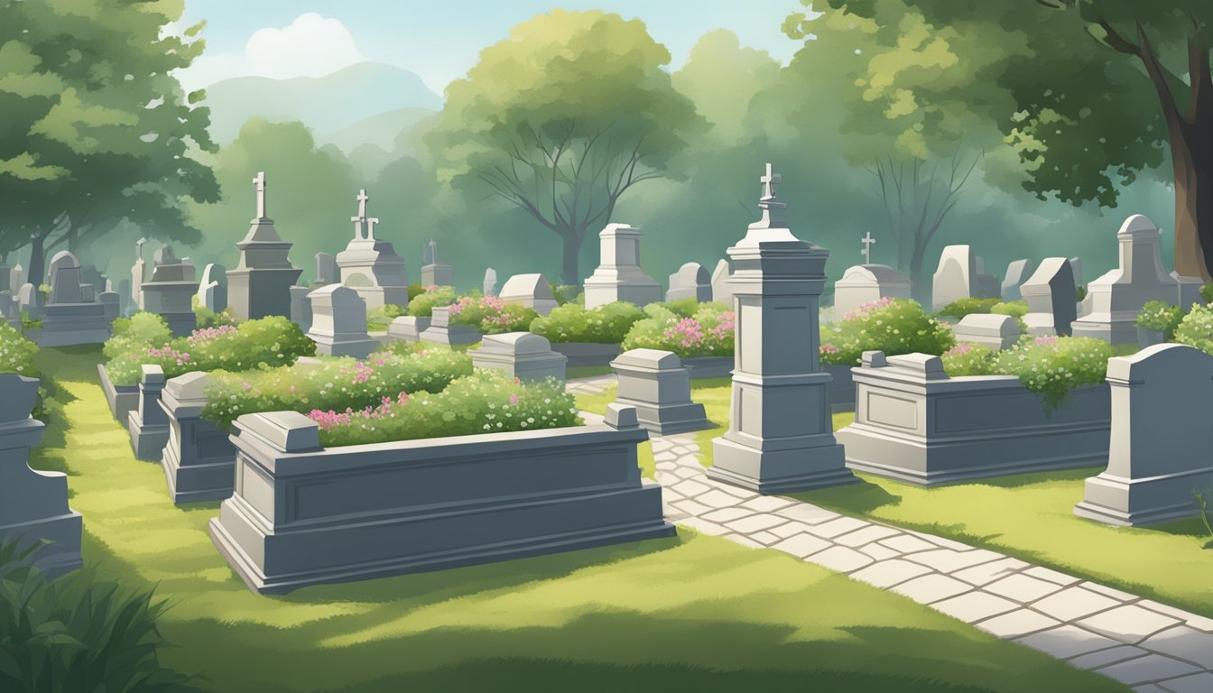 A serene cemetery plot with winding pathways, neatly arranged headstones, and carefully tended greenery