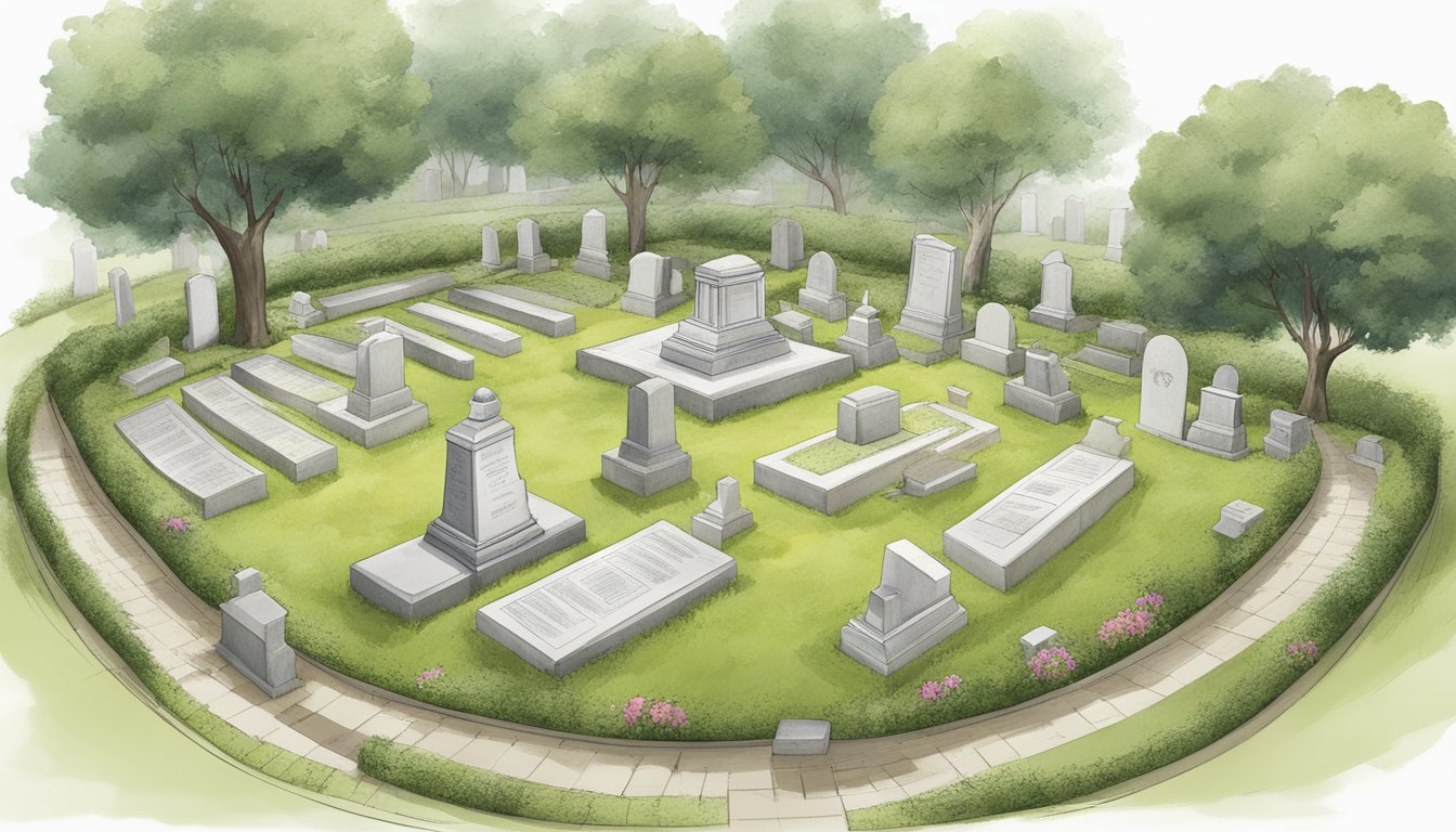 A cemetery plot with specific measurements marked and surrounded by legal and regulatory documents