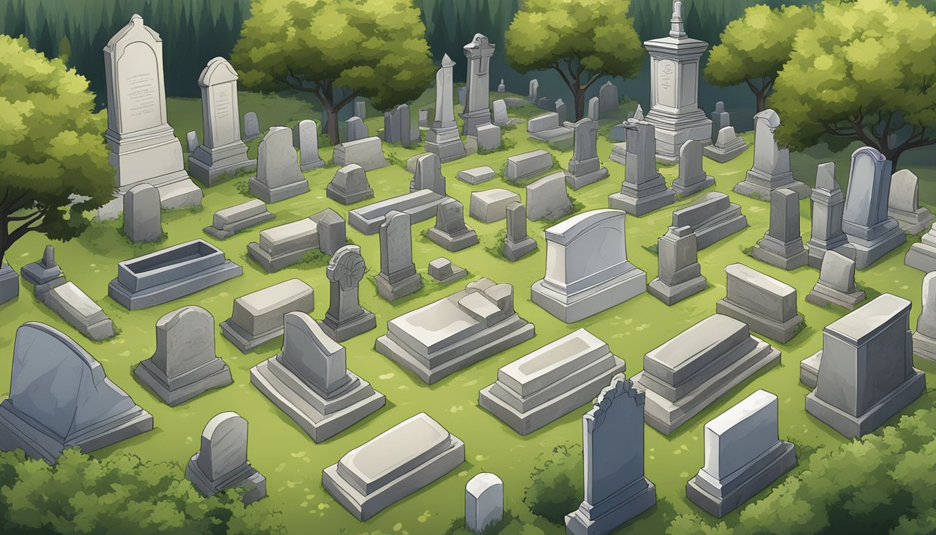 A sprawling cemetery with various plot sizes surrounded by trees and gravestones