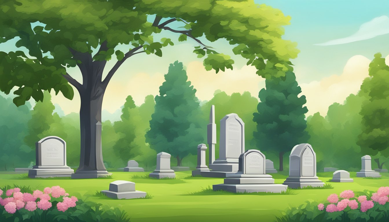 A serene cemetery plot with lush green grass and a single headstone surrounded by peaceful trees and flowers